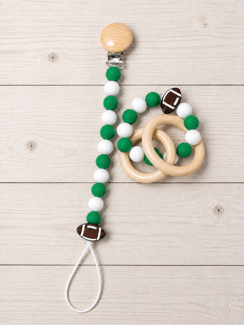 Marshall University Green & White Baby Pacifier Clip with Wooden Rings